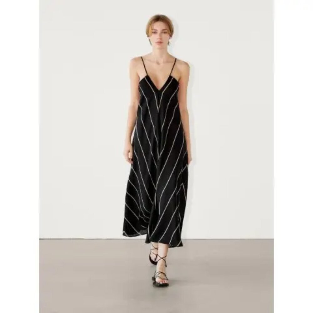 Massimo Dutti 100% Linen Contrasting Striped Midi Dress, Black Zalando, L